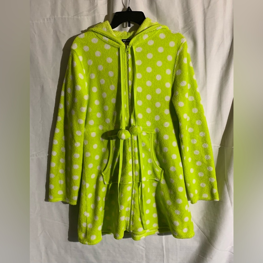 Joe Boxer Cozy Zip Up Robe with Hood, Size M, Neon Green, White, Polka Dots